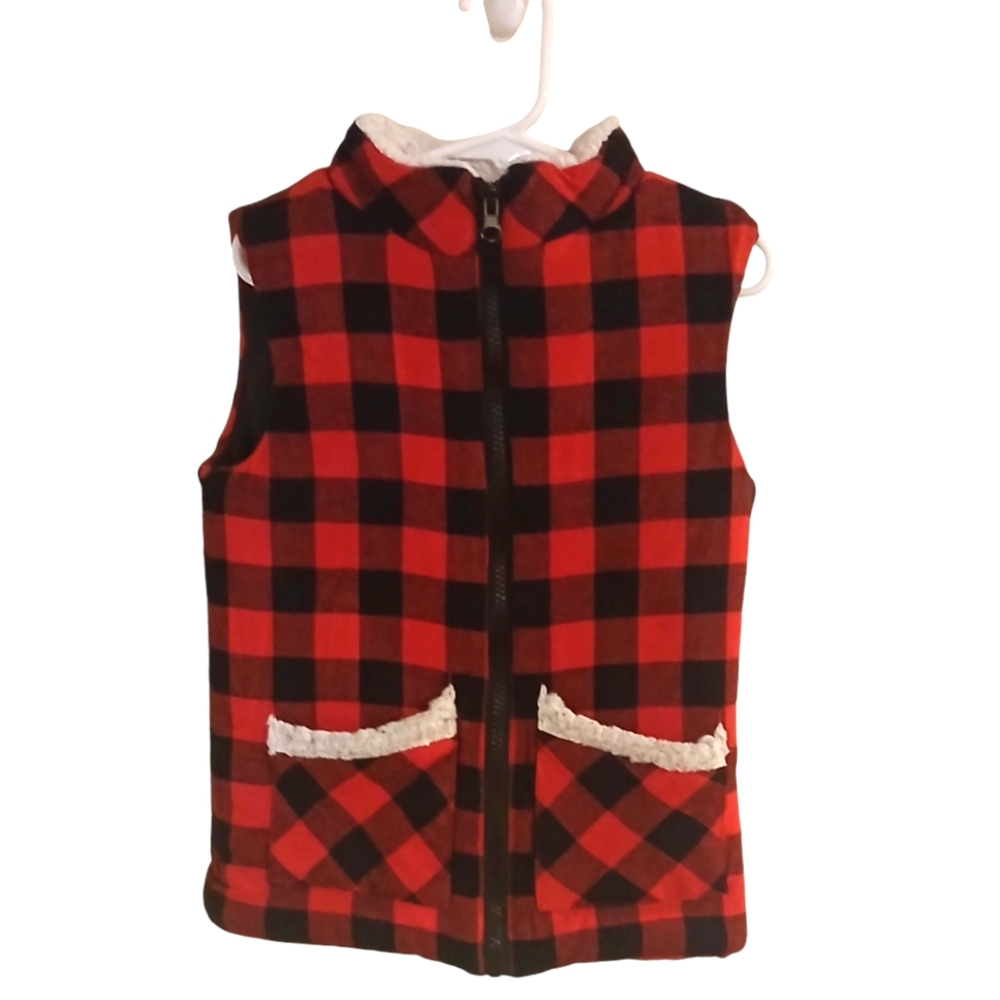 Max Studio Kids Girl's  Red And Black Plaid Vest  With Faux Shearling Size 5/6